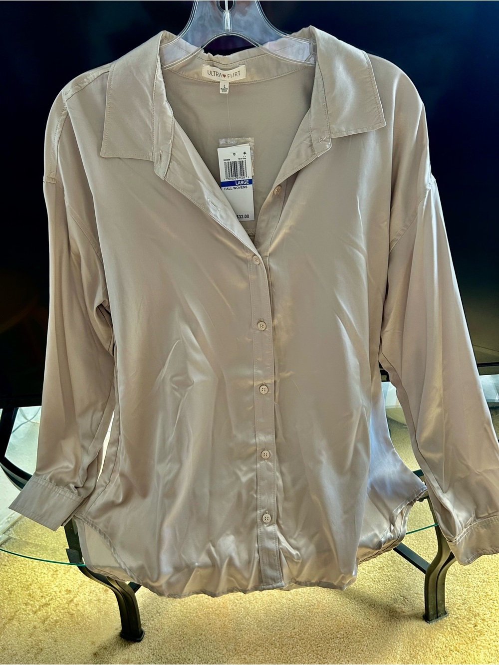 Ultra Flirt Satin Button-Down Shirt in Light Taupe